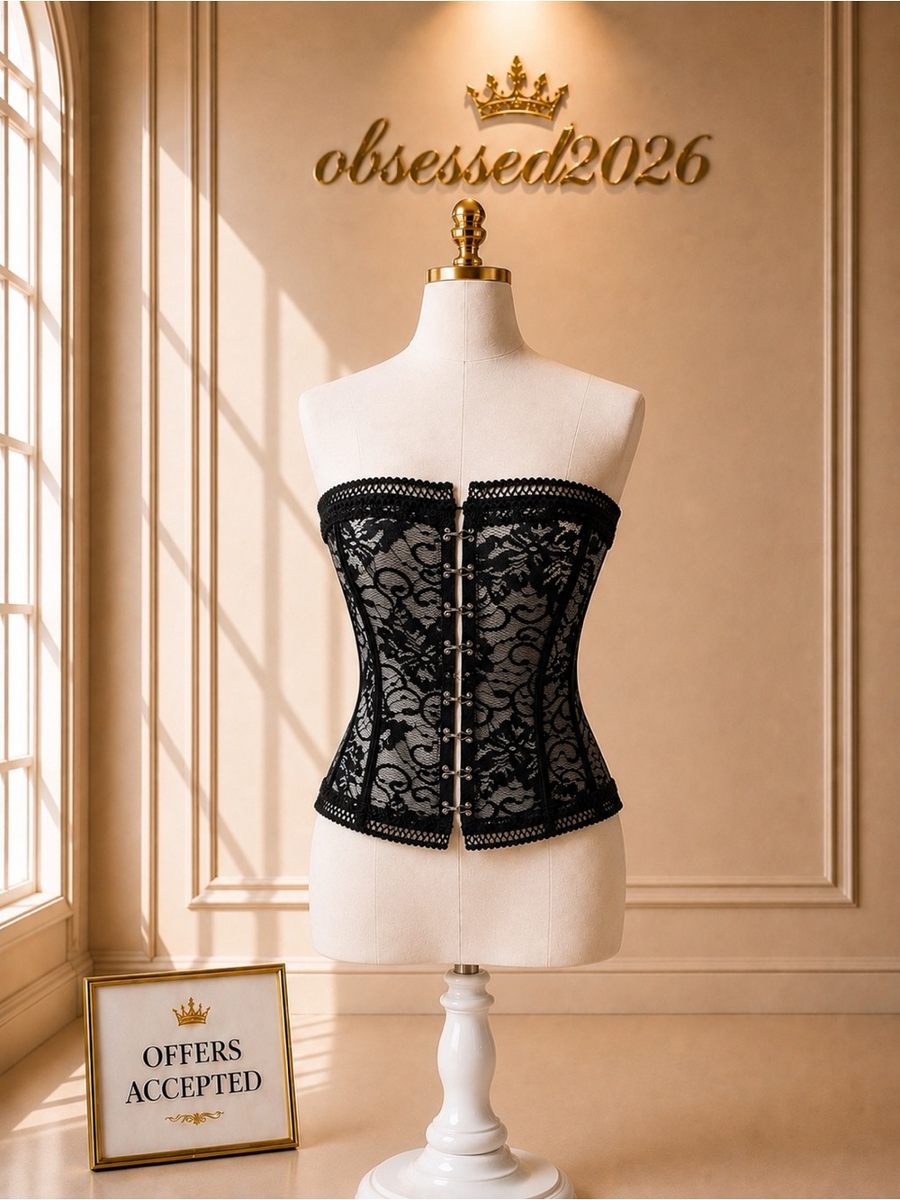 Dreamgirl Black Lace Overbust Corset with Silver Busk
